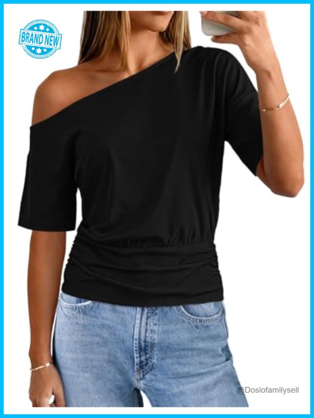 Off Shoulder Short Sleeve Asymmetric Neck Top Loose Fit Casual